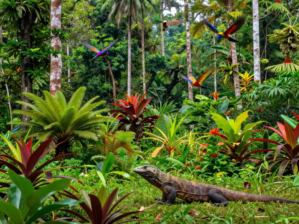 The stunning biodiversity captured in the rokok88 rtp frame, showcasing Indonesia's unique flora and fauna in a vibrant rainforest.