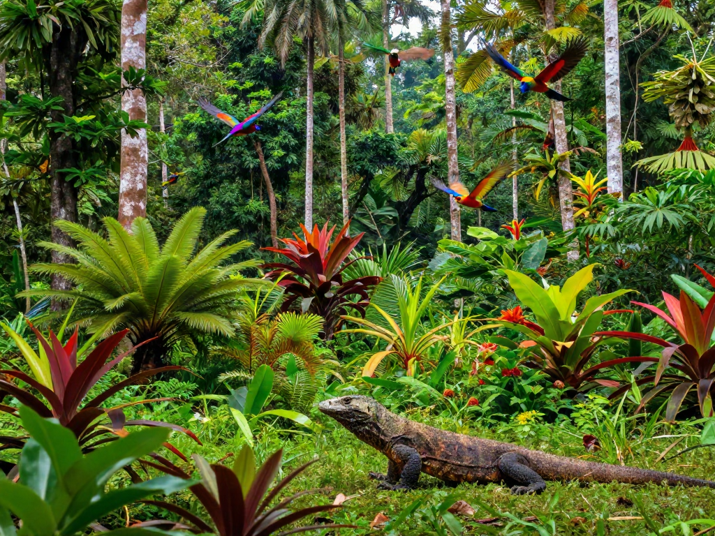 The stunning biodiversity captured in the rokok88 rtp frame, showcasing Indonesia's unique flora and fauna in a vibrant rainforest.