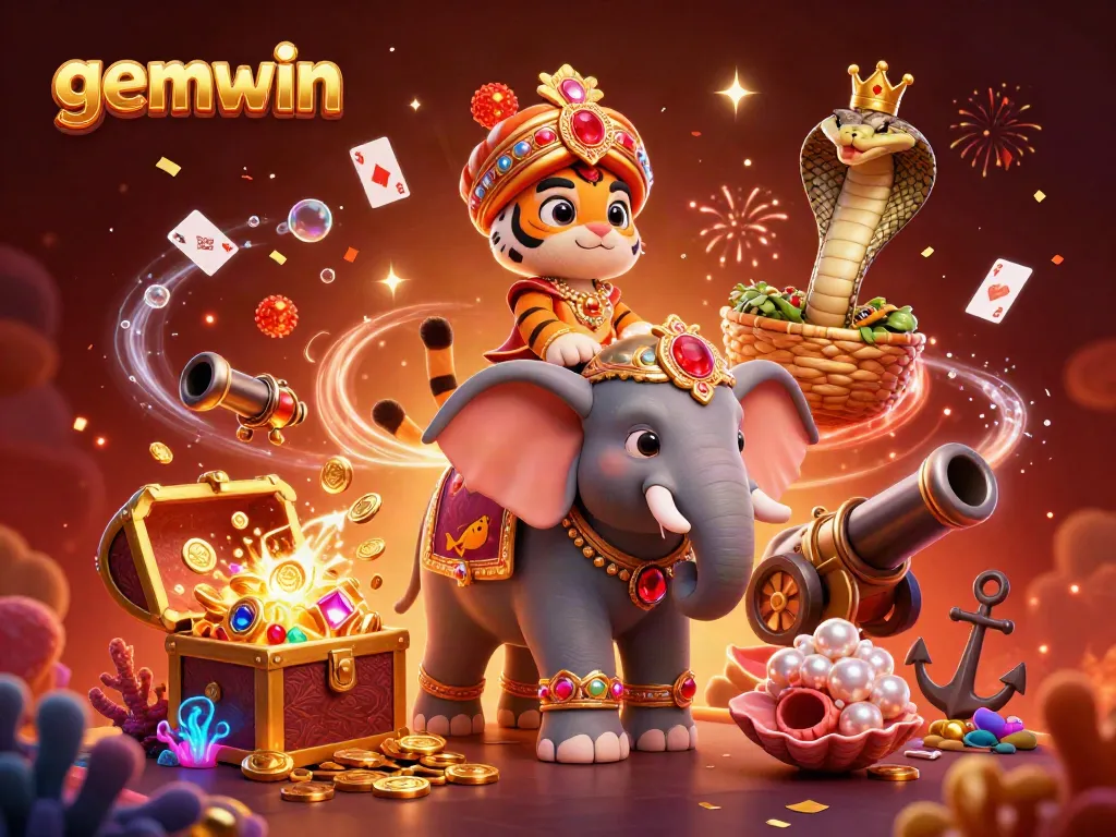 Experience exhilarating gameplay with gemwin's vibrant casino-themed 3D illustration showcasing rich elements and rewarding treasures.