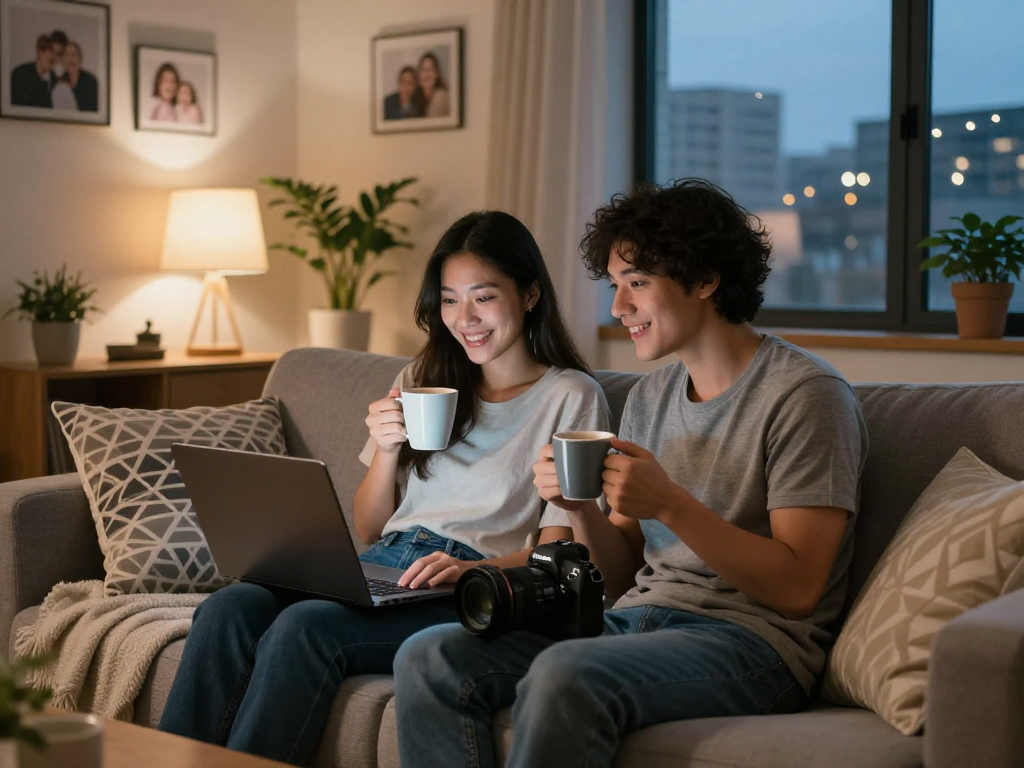 Young couple enjoying a video call on f168.dating platform in cozy apartment
