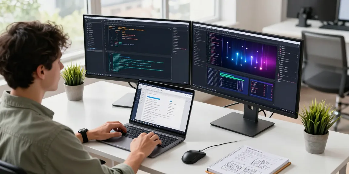 快连 software development workspace with a developer coding at dual monitors, reflecting a modern tech environment.