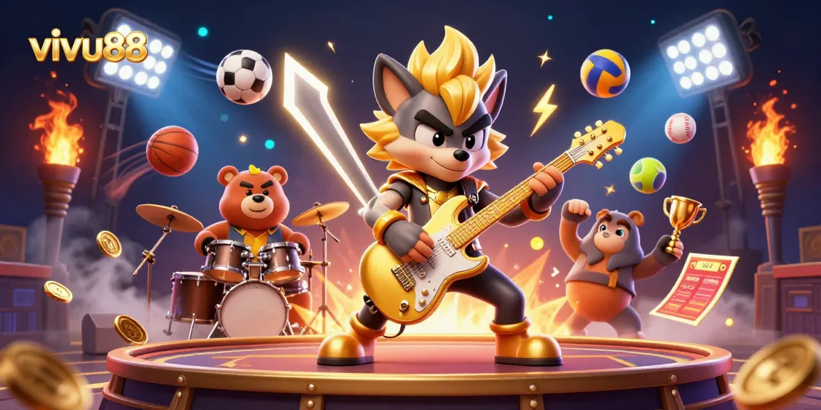 Experience the thrill of vivu88 with rock star wolf shredding guitar on a vibrant casino stage.