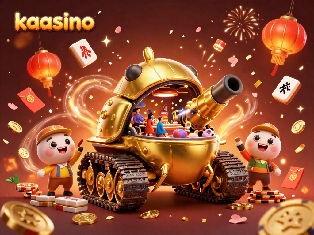 Kaasino's vibrant celebration scene featuring a golden beetle tank and dynamic casino elements.