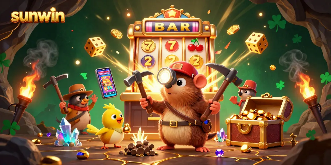 Engage in thrilling wins with sunwin, featuring vibrant slot action and a lucky treasure hunter scene.