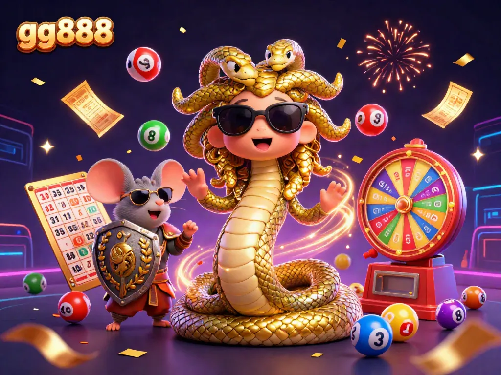 Engage with gg888's vibrant lottery action scene featuring a friendly Medusa and warrior mouse.