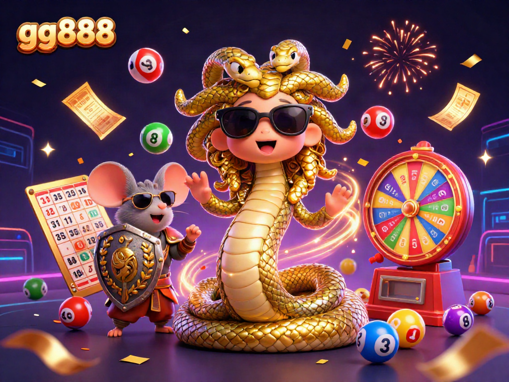 Engage with gg888's vibrant lottery action scene featuring a friendly Medusa and warrior mouse.