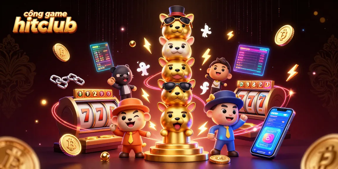 Engage with cổng game hitclub illustrated scene showcasing vibrant gaming elements and totem poles.