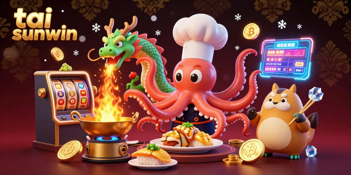Experience the vibrant world of tai sunwin as a chef octopus prepares golden dishes in a lively casino setting.