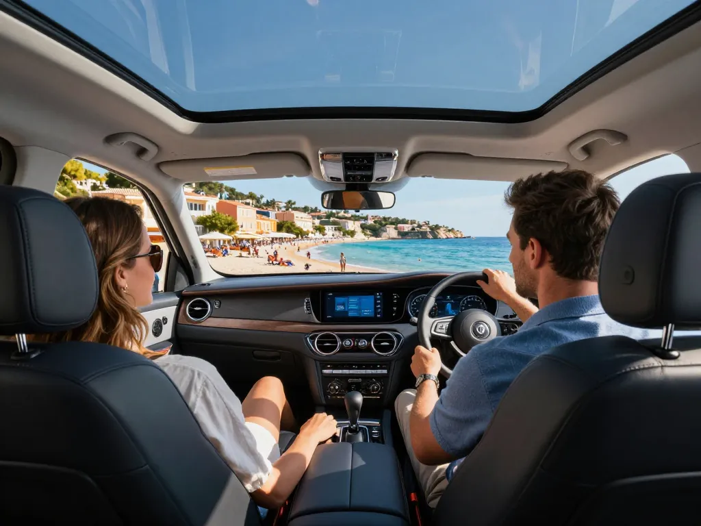 Trajet de luxe avec Taxi Saint-Tropez mettant en avant un chauffeur professionnel et des vues côtières époustouflantes.