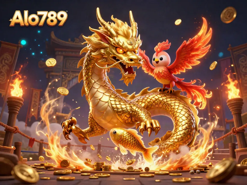 Alo789 players engage with thrilling casino adventures featuring a golden dragon, phoenix, and koi fish.