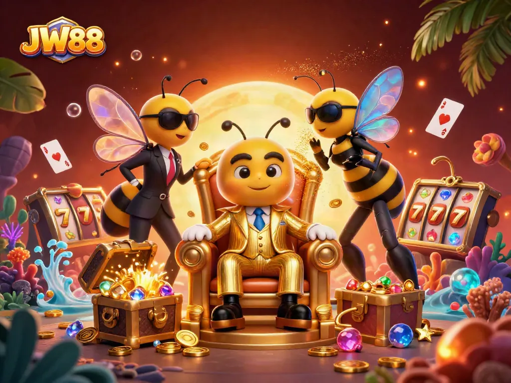 Engage with the exciting world of JW88, featuring a vibrant 3D casino scene alive with action.
