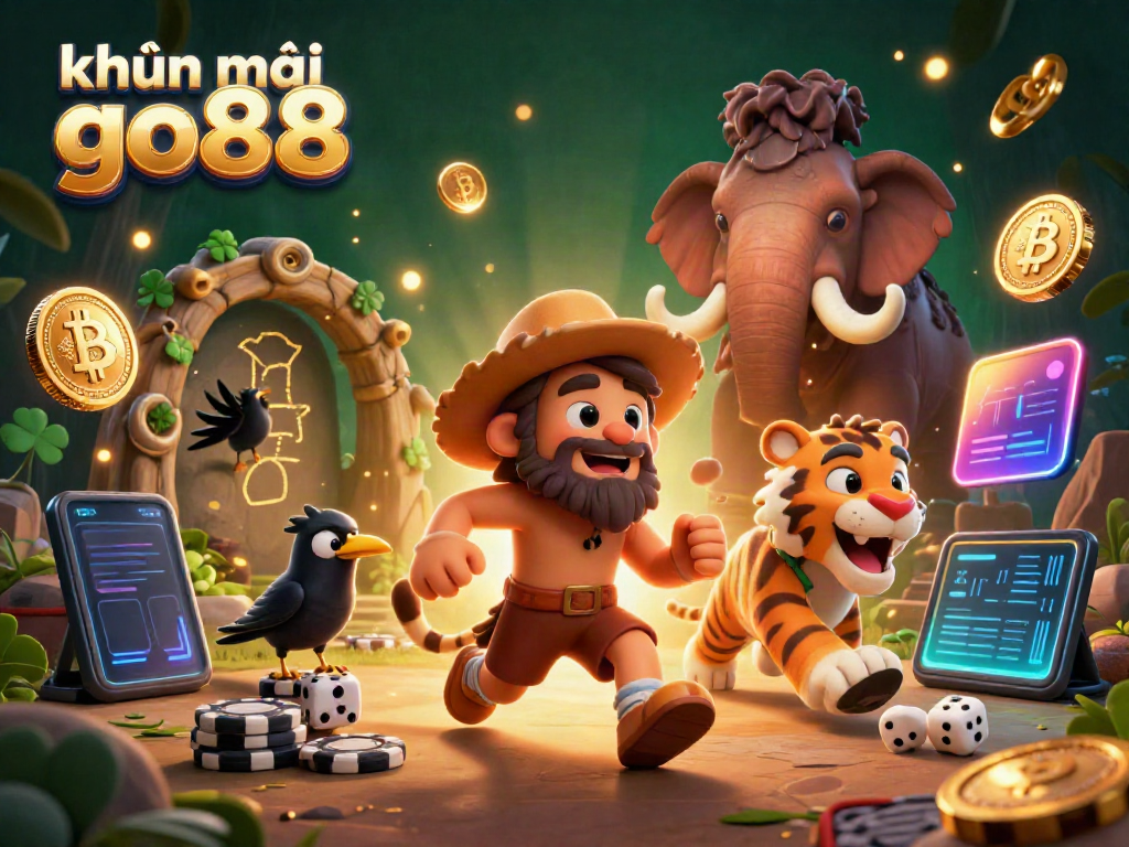 Engage with khuyến mãi go88 at this vibrant cartoon casino scene showcasing exciting gaming elements and characters.