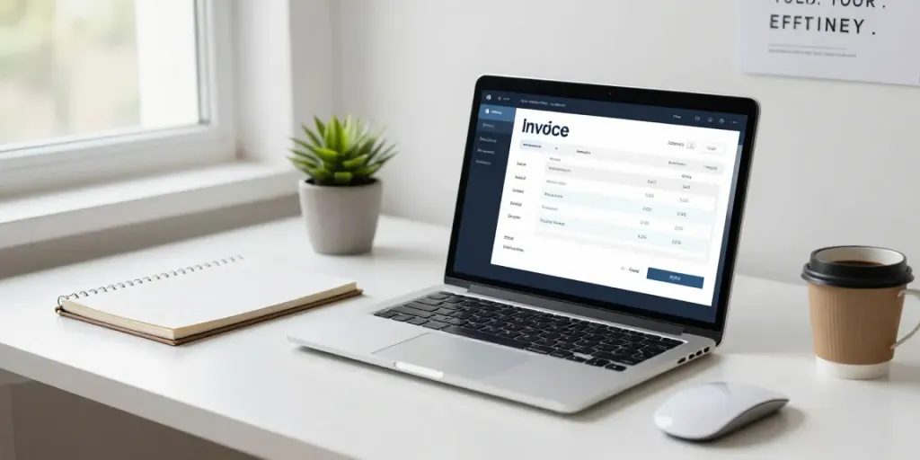 Een freelancer maakt gratis factuur met Cleverboek vanuit een georganiseerde werkplek met laptop, notitieblok en koffie.