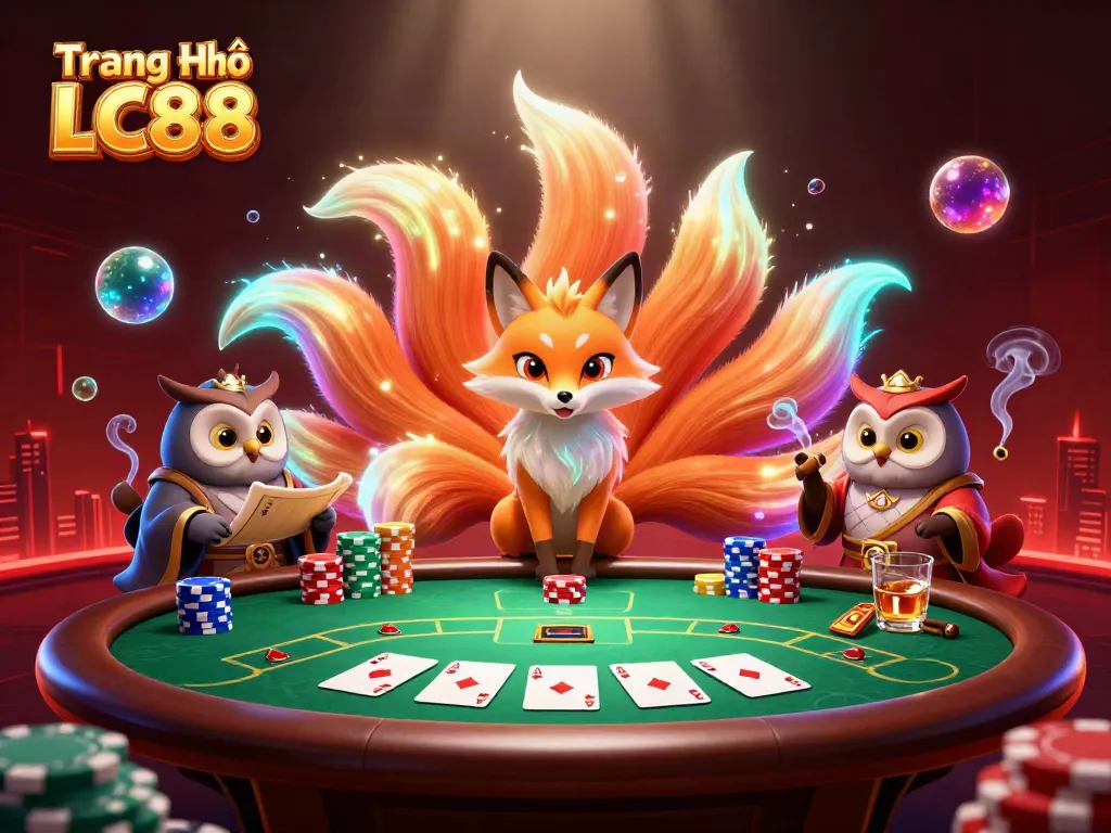 Engage in exciting casino actions at Trang Chủ LC88 with vibrant characters and poker game elements.