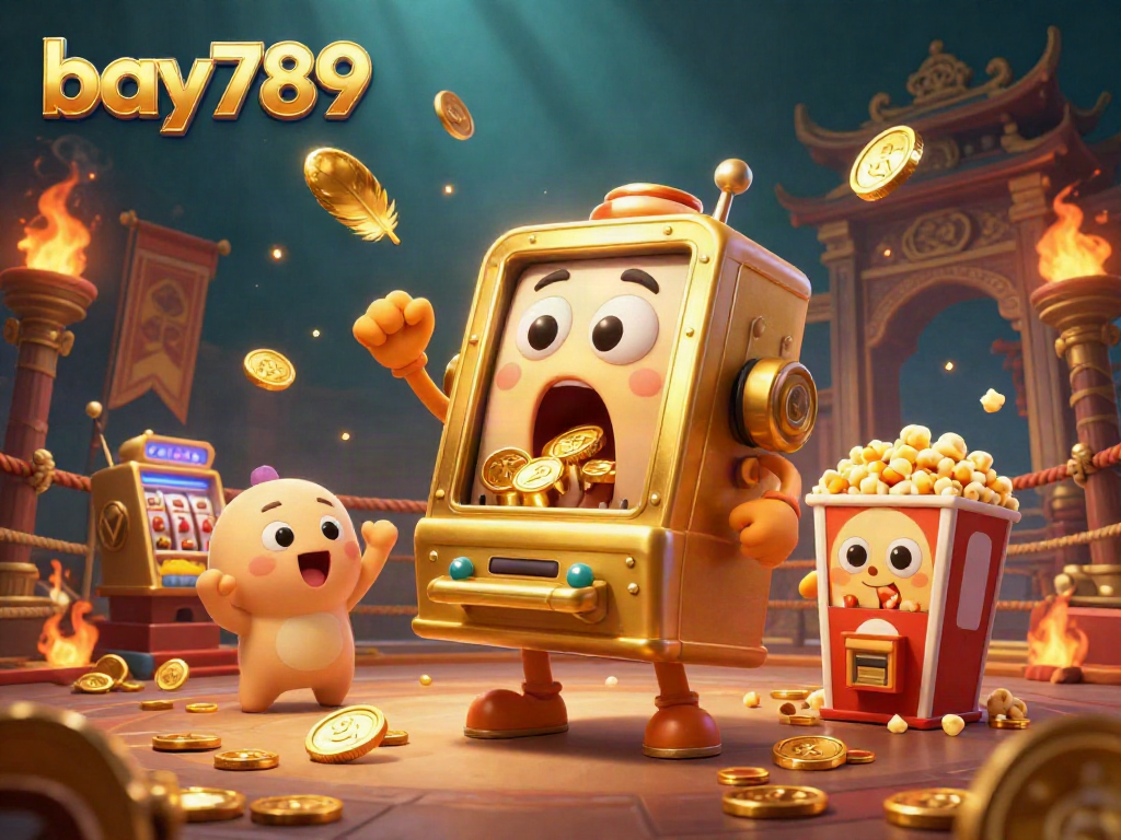 Experience the excitement of bay789 with a golden slot machine celebrating a jackpot, surrounded by cheering companions and casino elements.