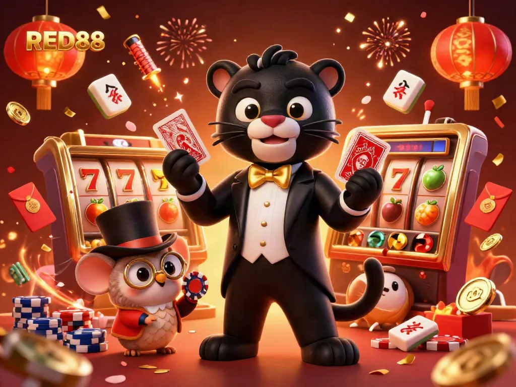 Engage in thrilling gameplay with RED88 at a vibrant casino scene featuring lively characters and slots.
