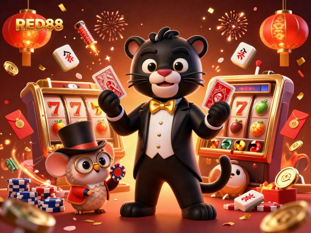 Engage in thrilling gameplay with RED88 at a vibrant casino scene featuring lively characters and slots.