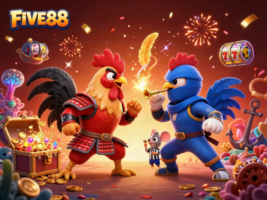 Experience intense action with FIVE88 as cartoon roosters battle amid gold coins and vibrant slot symbols.