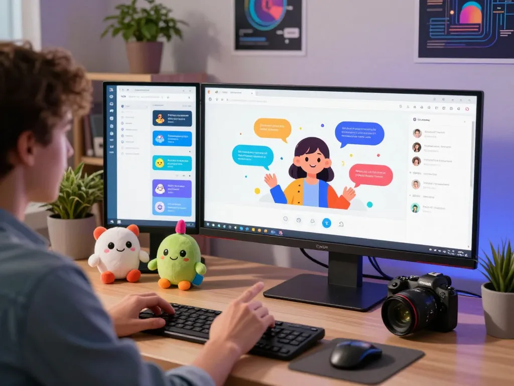 User using juicy ai chatbot on a smart device with colorful character avatars and vibrant speech bubbles.