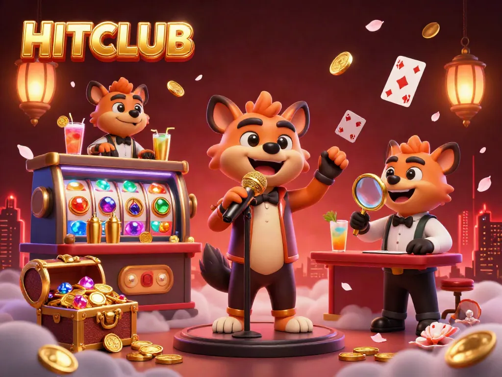 Experience gaming excitement at HITCLUB with lively hyenas enjoying casino activities in a vibrant illustration.