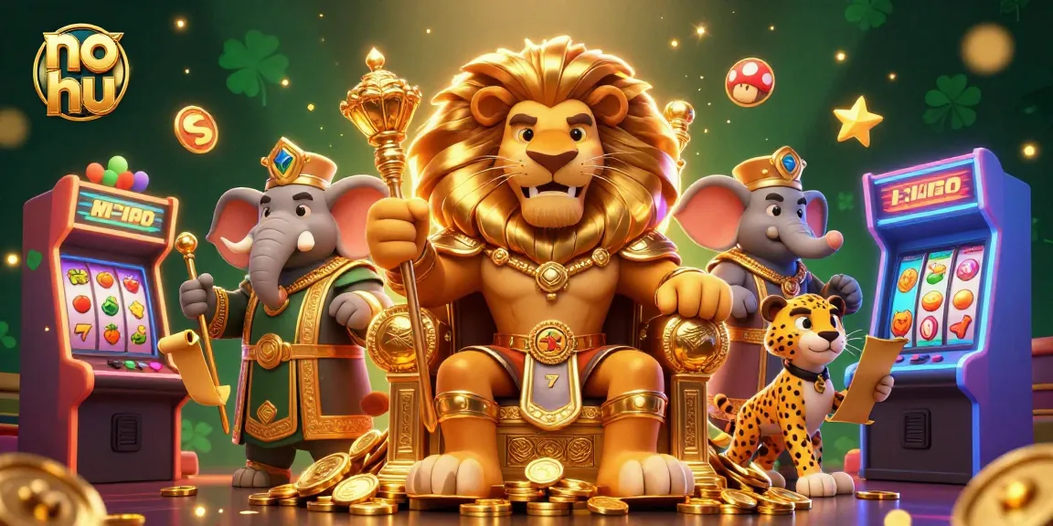 Spin to win at no hu with a dynamic cartoon depiction of a lion king, elephant advisor, and cheetah messenger in a casino scene.