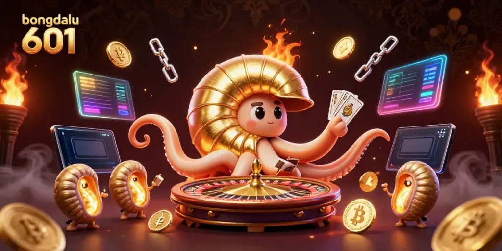Engage with real-time scores on Bongdalu 601 with a vibrant 3D illustration of a giant nautilus and crypto elements.