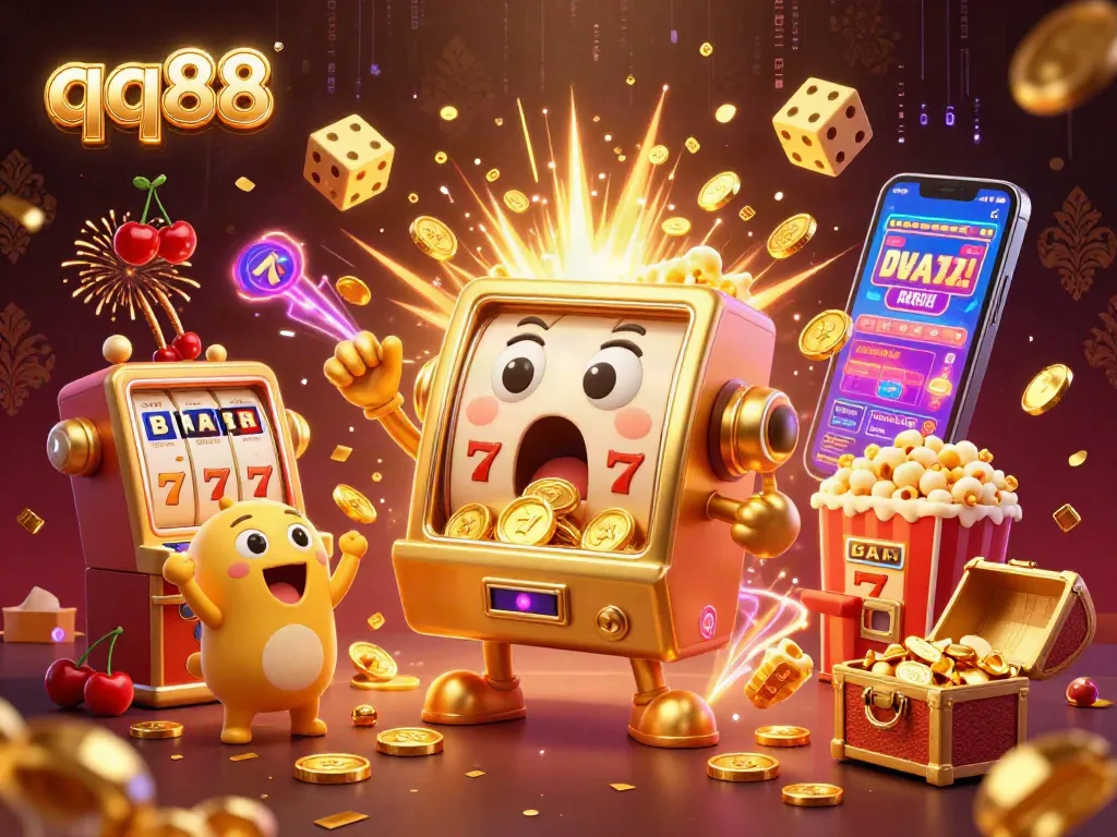 Experience the excitement of qq88 with joyful slot machines celebrating a jackpot, vibrant casino elements, and dazzling effects.