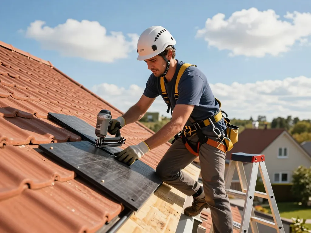 Dakdekker van De Kraaij die zorgvuldig nieuwe dakmaterialen installeert op een woning, en expertise en vakmanschap toont.