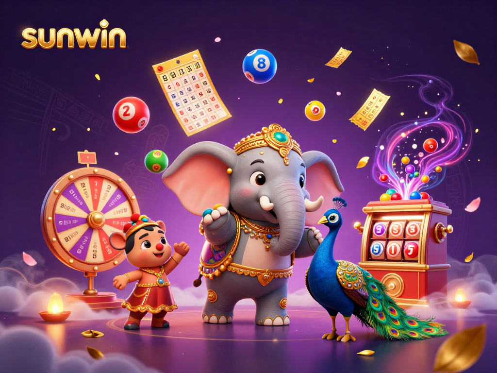 Engage with sunwin's exciting gaming scene featuring vibrant lottery elements and a colorful elephant.