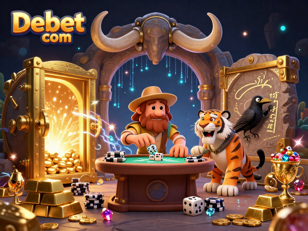 Experience big wins at Debet com with a colorful, animated prehistoric casino scene featuring cavemen and treasures.