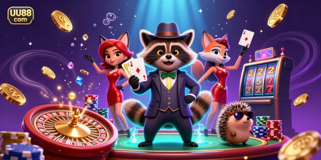 Experience the excitement of UU88 com with a 3D illustration showcasing a raccoon, fox, and hedgehog in a vibrant casino scene.