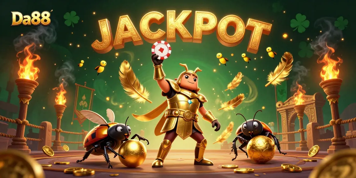 Experience Da88's thrilling jackpot scene with a gladiator beetle championing victory amidst casino excitement.
