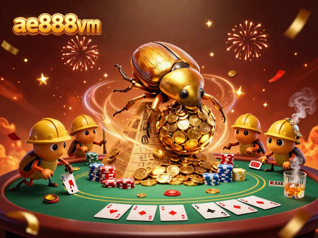 Experience seamless gaming excitement with ae888vm featuring cartoon beetles and casino symbols.