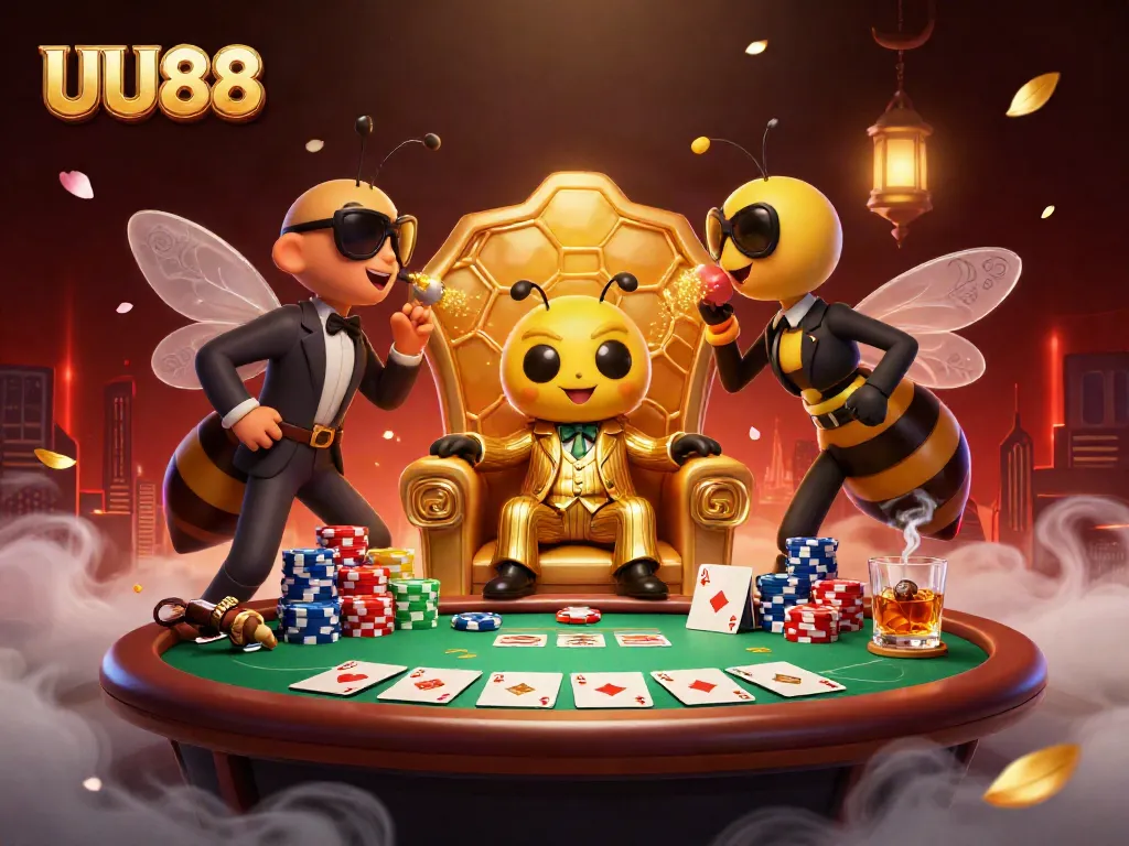 Engage in thrilling poker action with UU88 as a bumblebee mob boss rules a vibrant gambling scene.