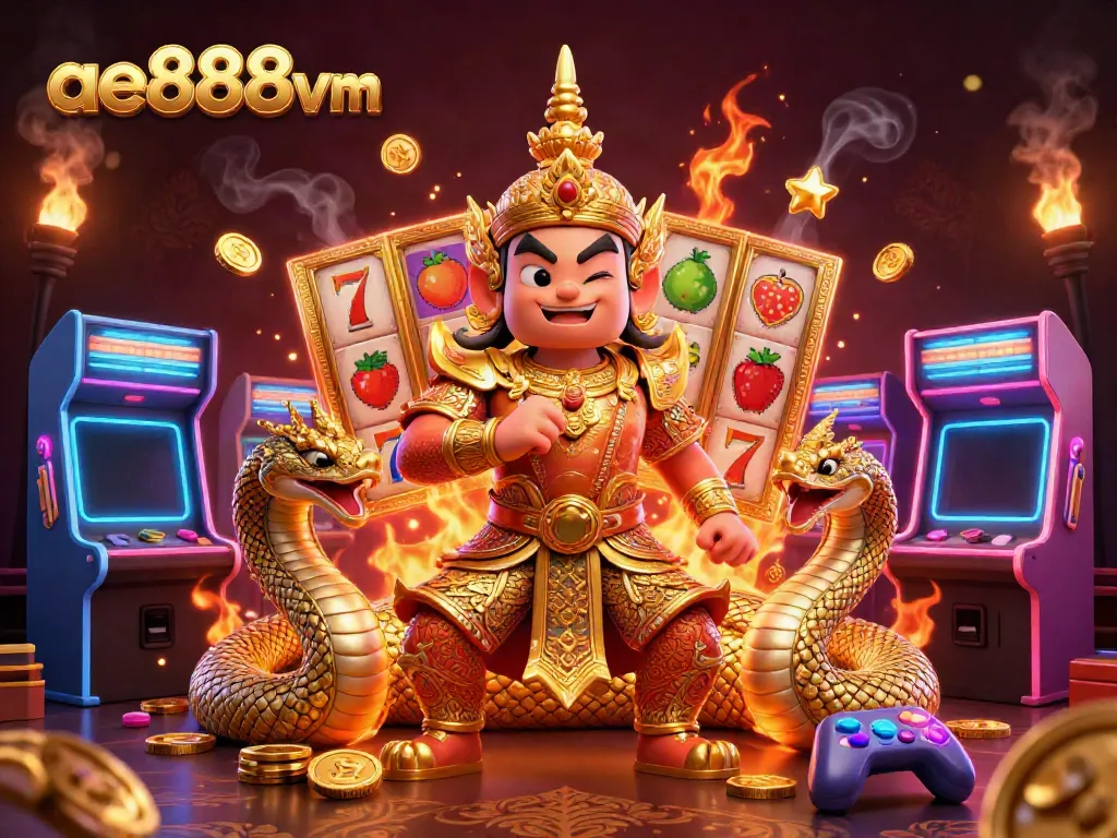 Experience the exciting world of ae888vm with vivid slot games and characters in a dynamic illustration.