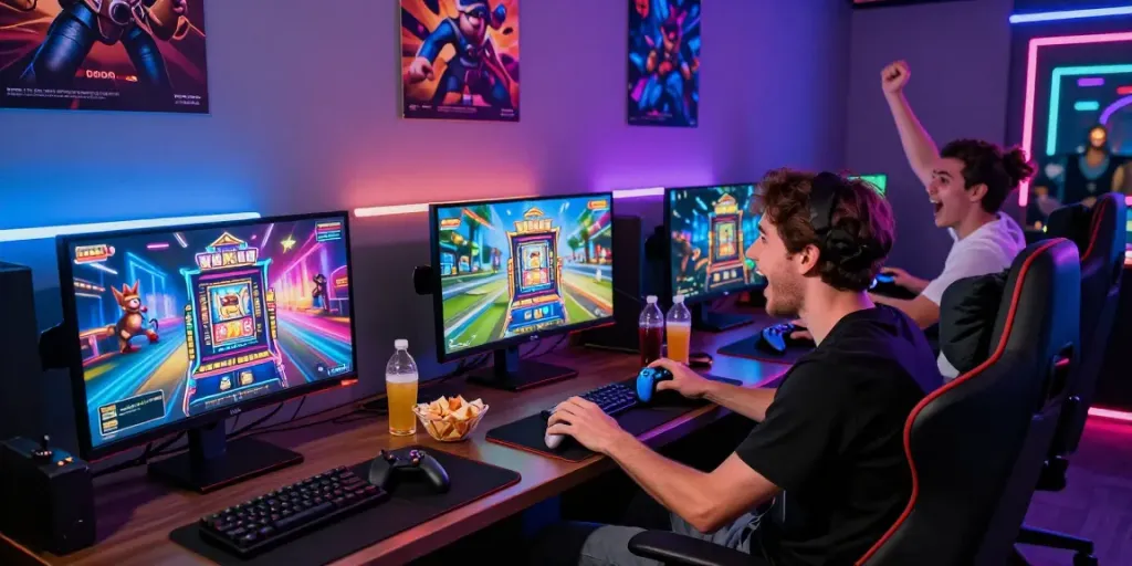 Pengalaman bermain slot gacor hari ini, gamer bersenang-senang di ruang bermain yang penuh warna.
