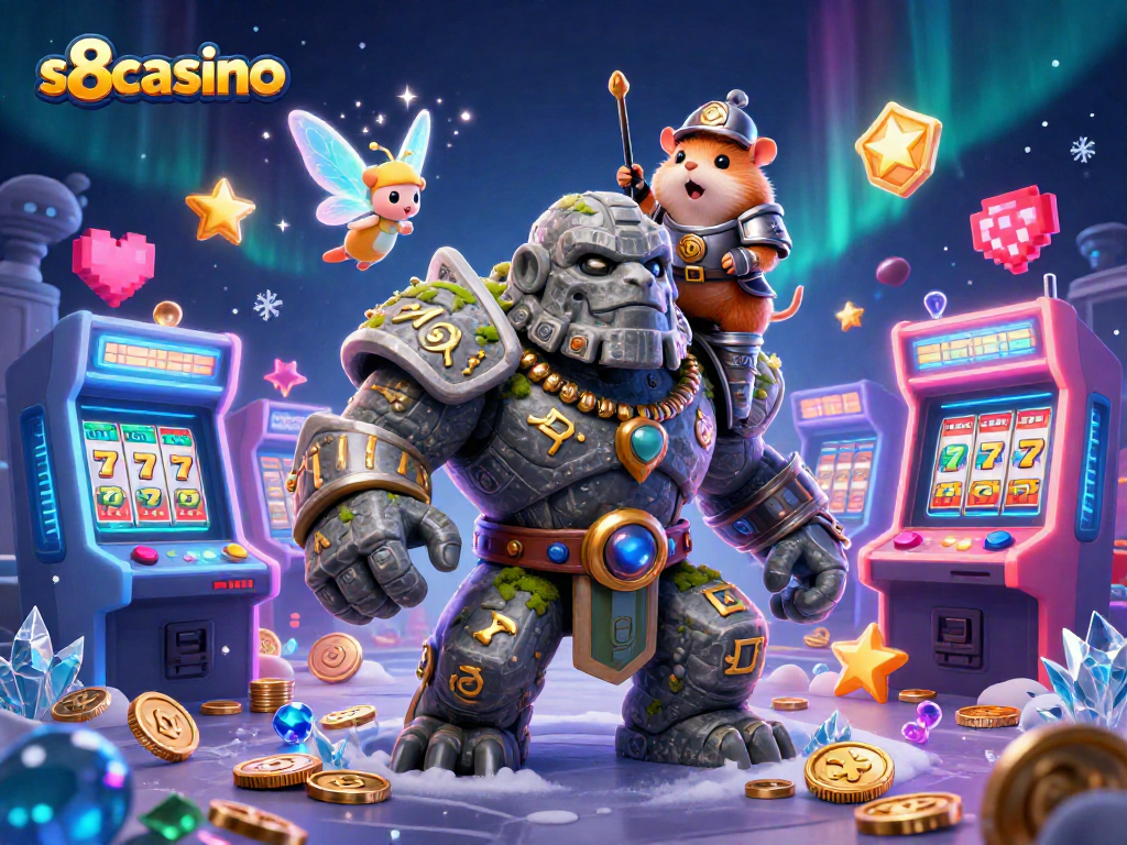 S8casino welcomes players with vibrant slot reels and magical characters in a dynamic casino scene.