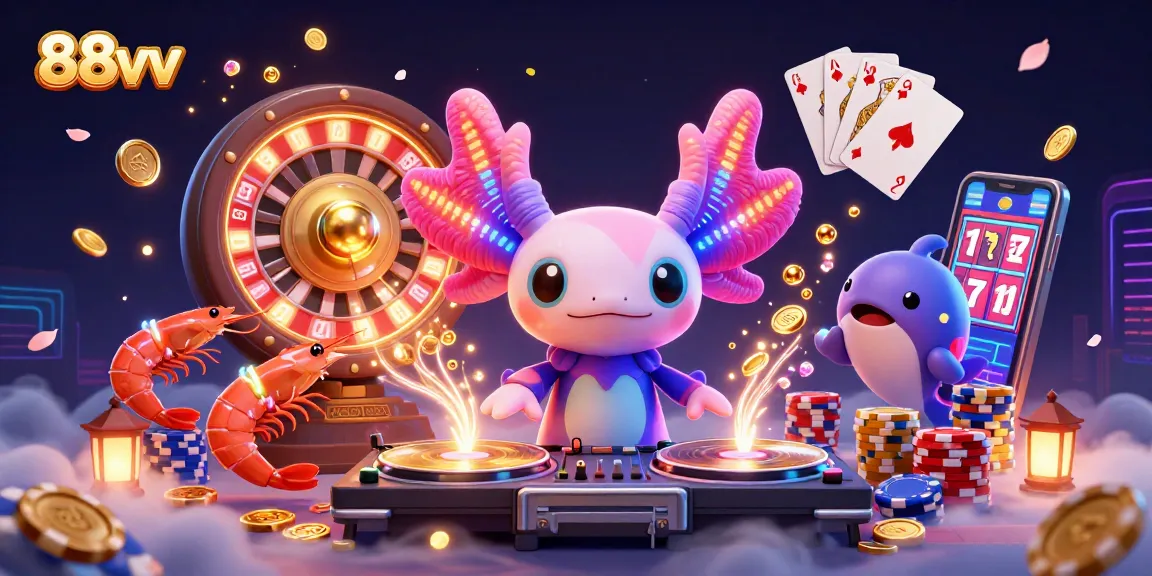 Experience thrilling fun at 88vv with this vibrant 3D illustration showcasing a lively casino atmosphere.