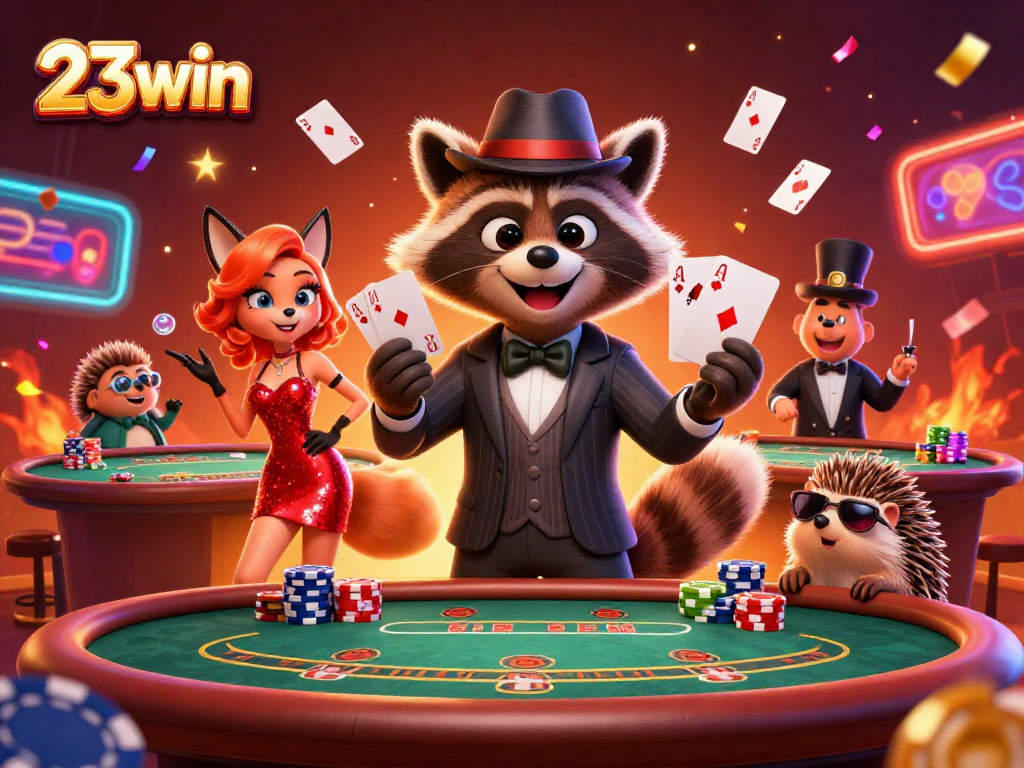 Engage with 23win in this vibrant casino scene featuring a raccoon, fox, and hedgehog, showcasing a royal flush hand.