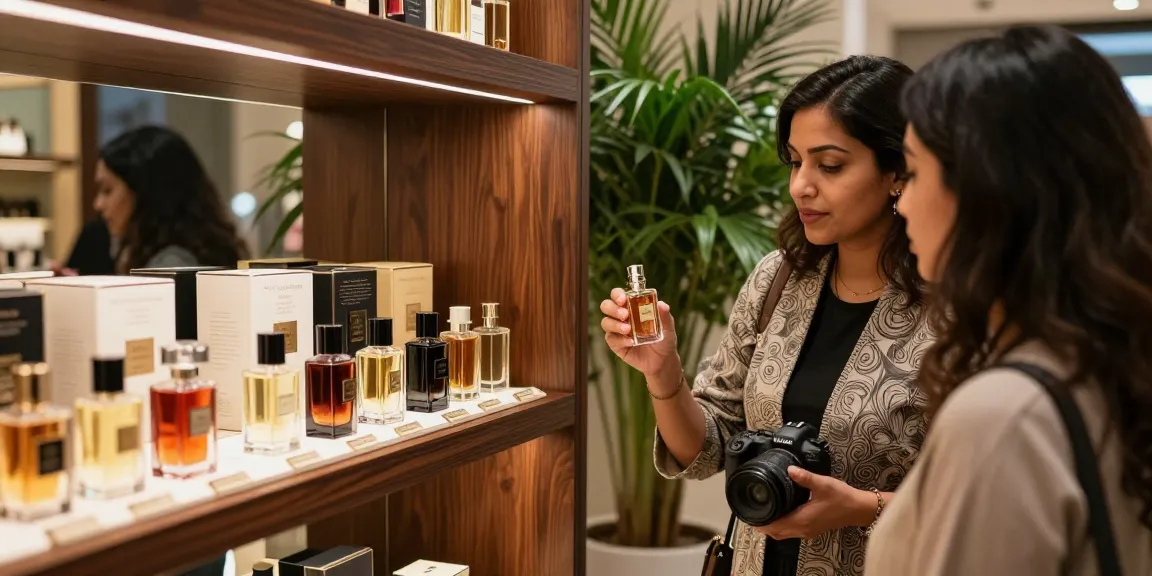 Parfum uit Dubai in een elegante winkelsetting met deskundige uitleg over luxe geuren.