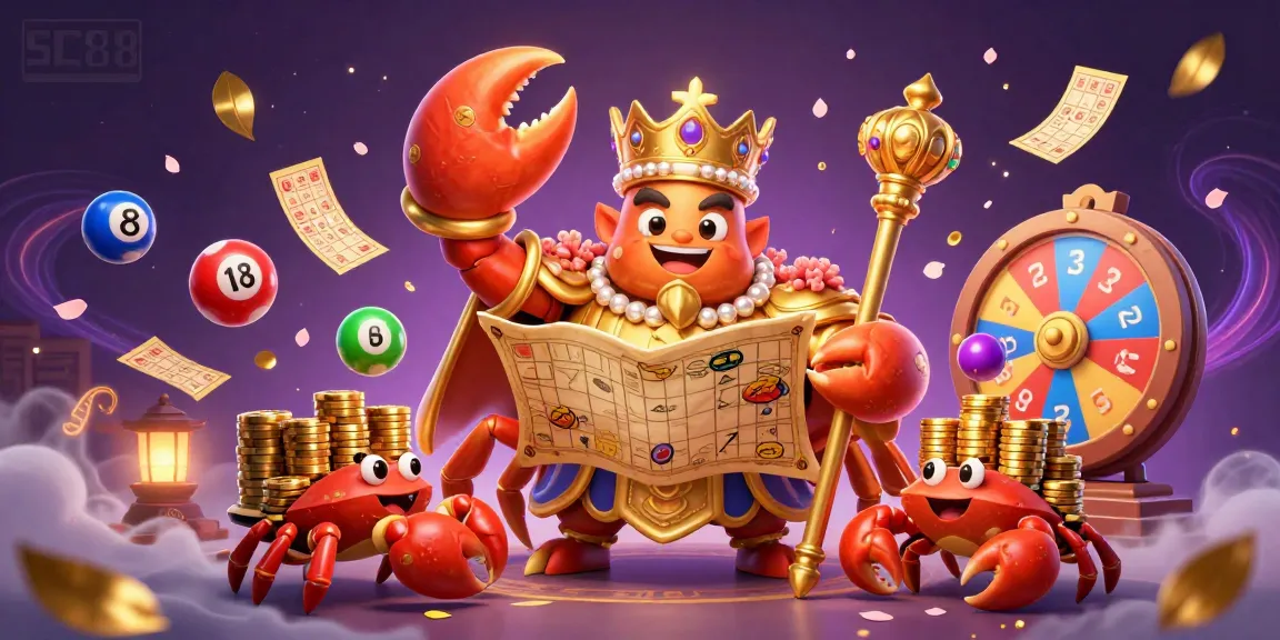 Engage with SC88's colorful lottery-themed scene, featuring a golden crab emperor amidst dynamic game elements.