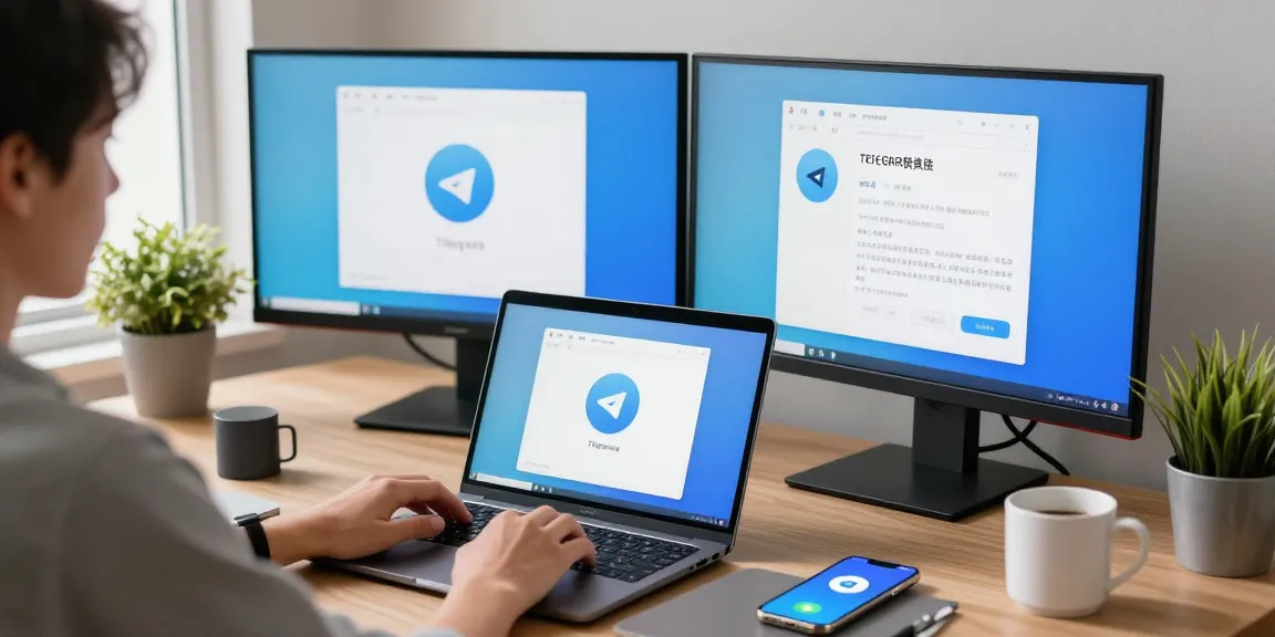 Setting up Telegram中文 interface on a laptop in a modern workspace.