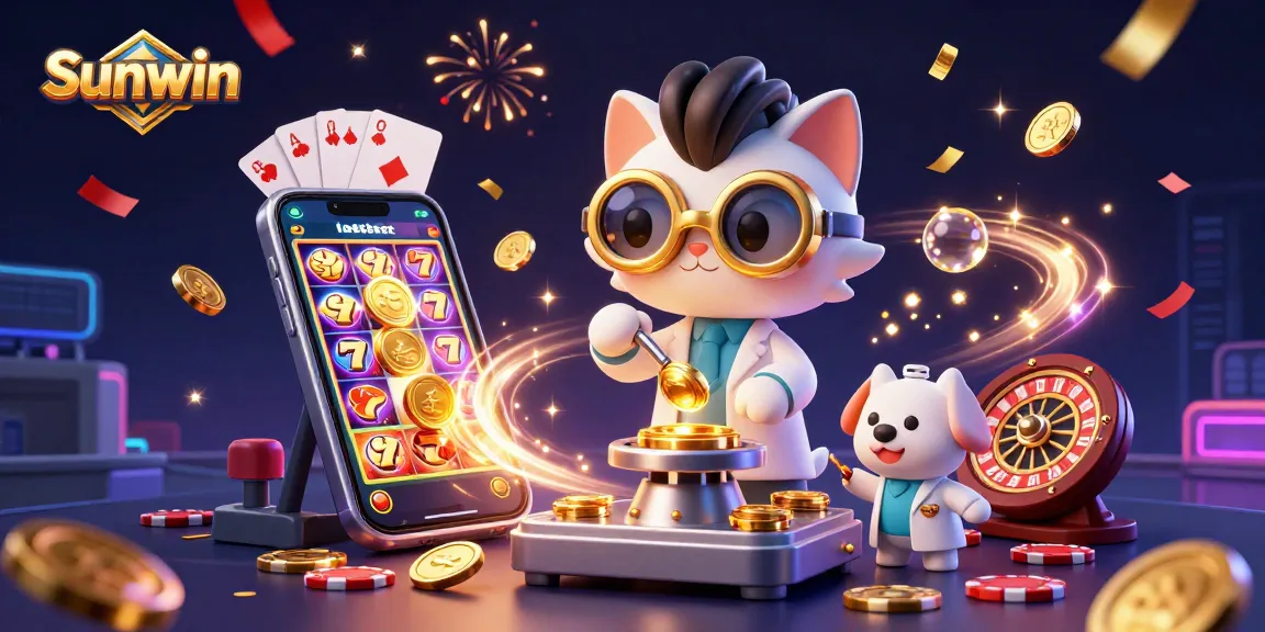 Sunwin rewards players in a vibrant 3D casino scene featuring a mad scientist cat creating gold coins.