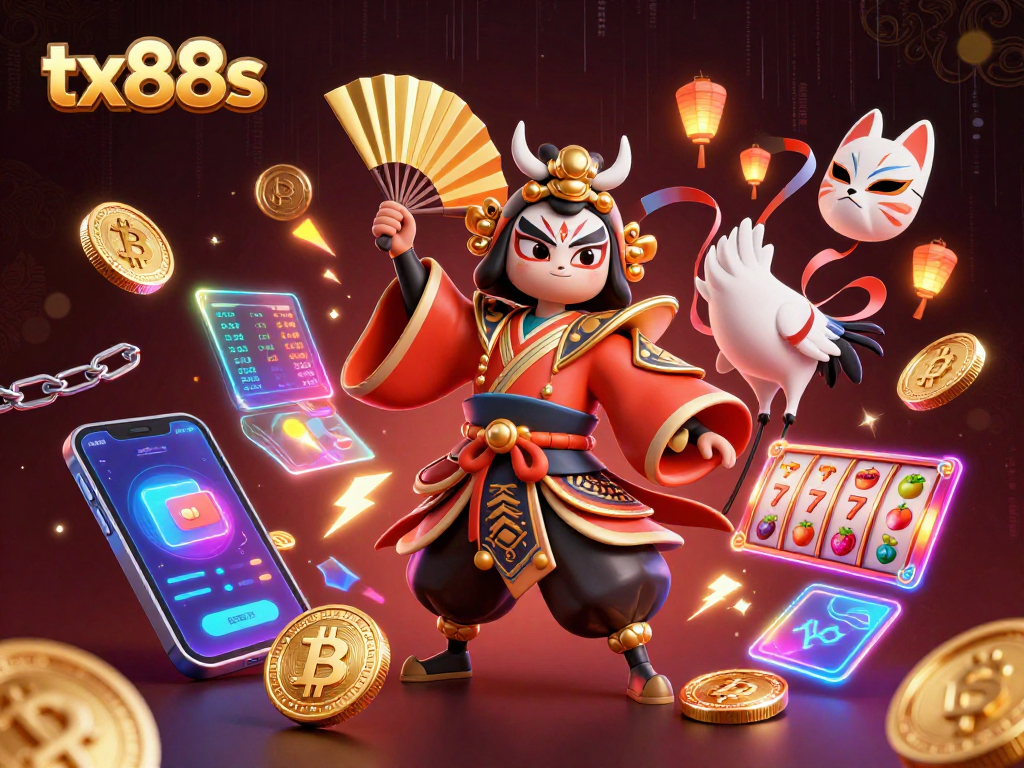 Experience thrilling slots with tx88s featuring a kabuki warrior and crypto gaming elements.