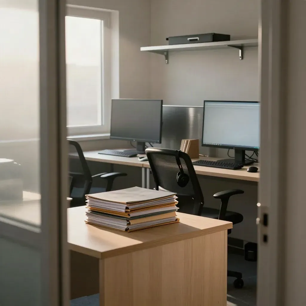 Stille supportwerkplek met twee monitoren, mappen en headset bij een lege stoel in ochtendschemer.