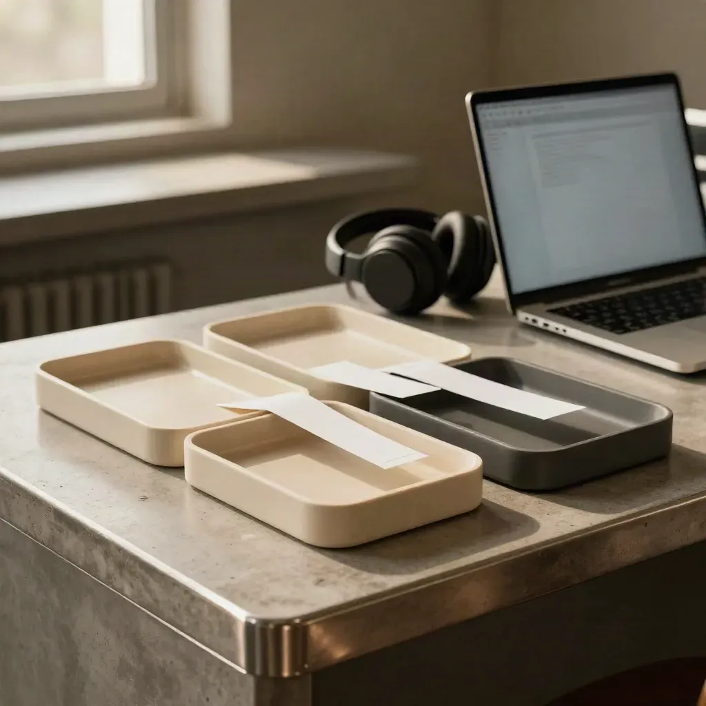 Drie bakjes voor tickettriage naast headset en laptop in een donkere supportomgeving.