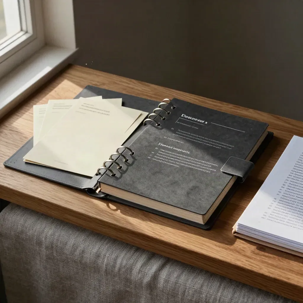 Charcoal ringmap met tabbladen, kaartjes en gesloten notitieboek op een warme houten plank in zonlicht.