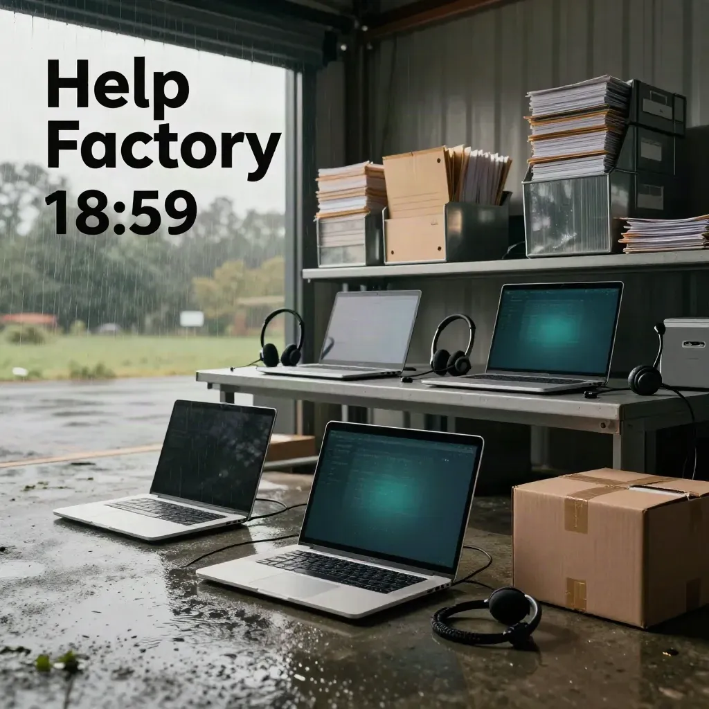 Drie laptops, headsets en supportmappen in een natte laadruimte na regen.