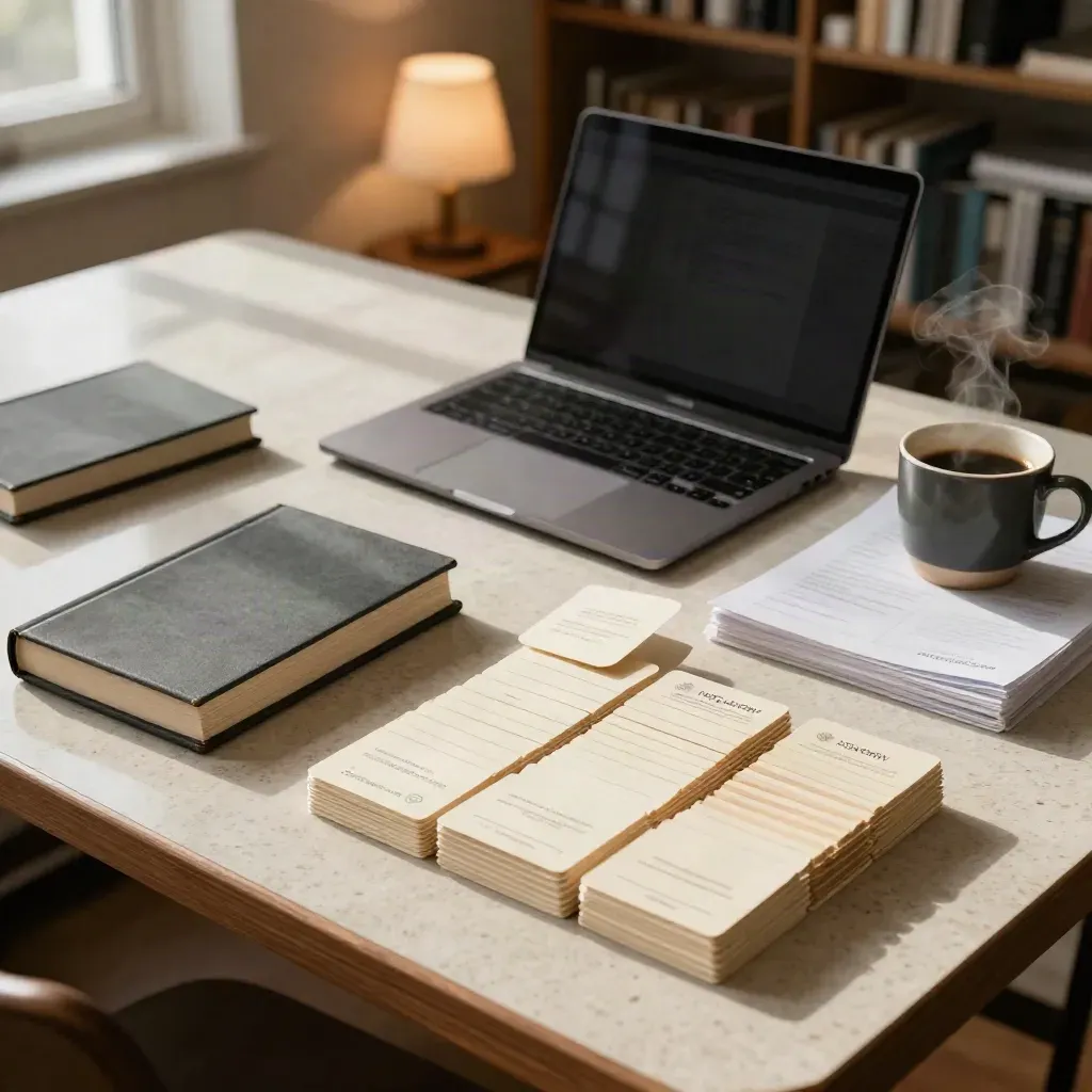 Open laptop met referentieboeken, kaartjes en koffiekop op een travertijnen werkblad.