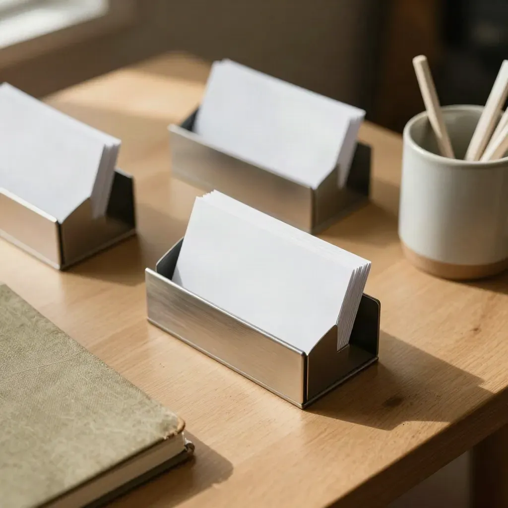 Kaartenhouders met scripts, notitieboek en pennenbak op een houten tafel van schuin boven